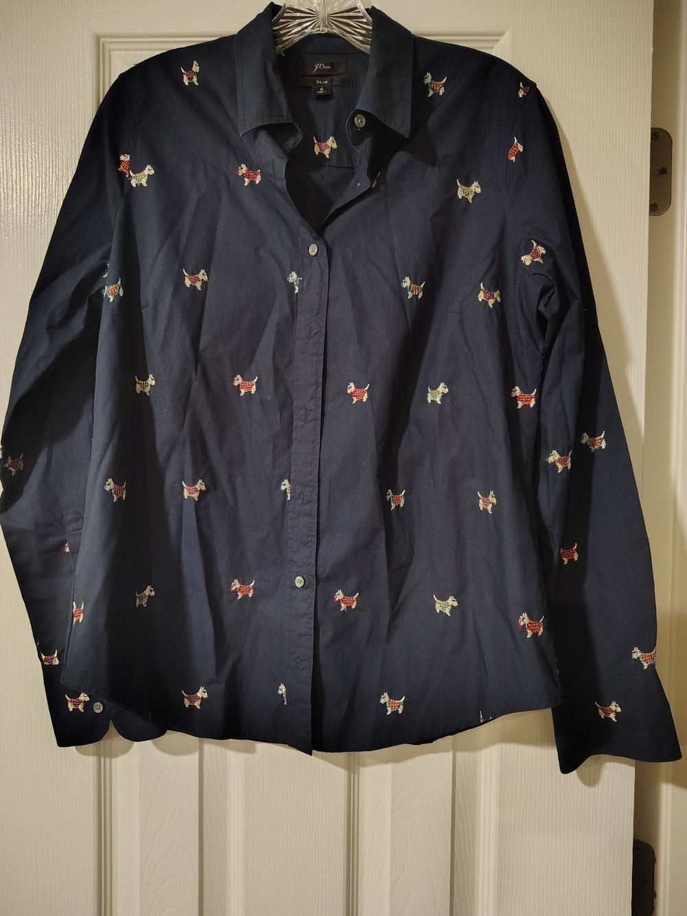J. Crew Navy Button-Down Shirt with Multicolor Dog Embroidery